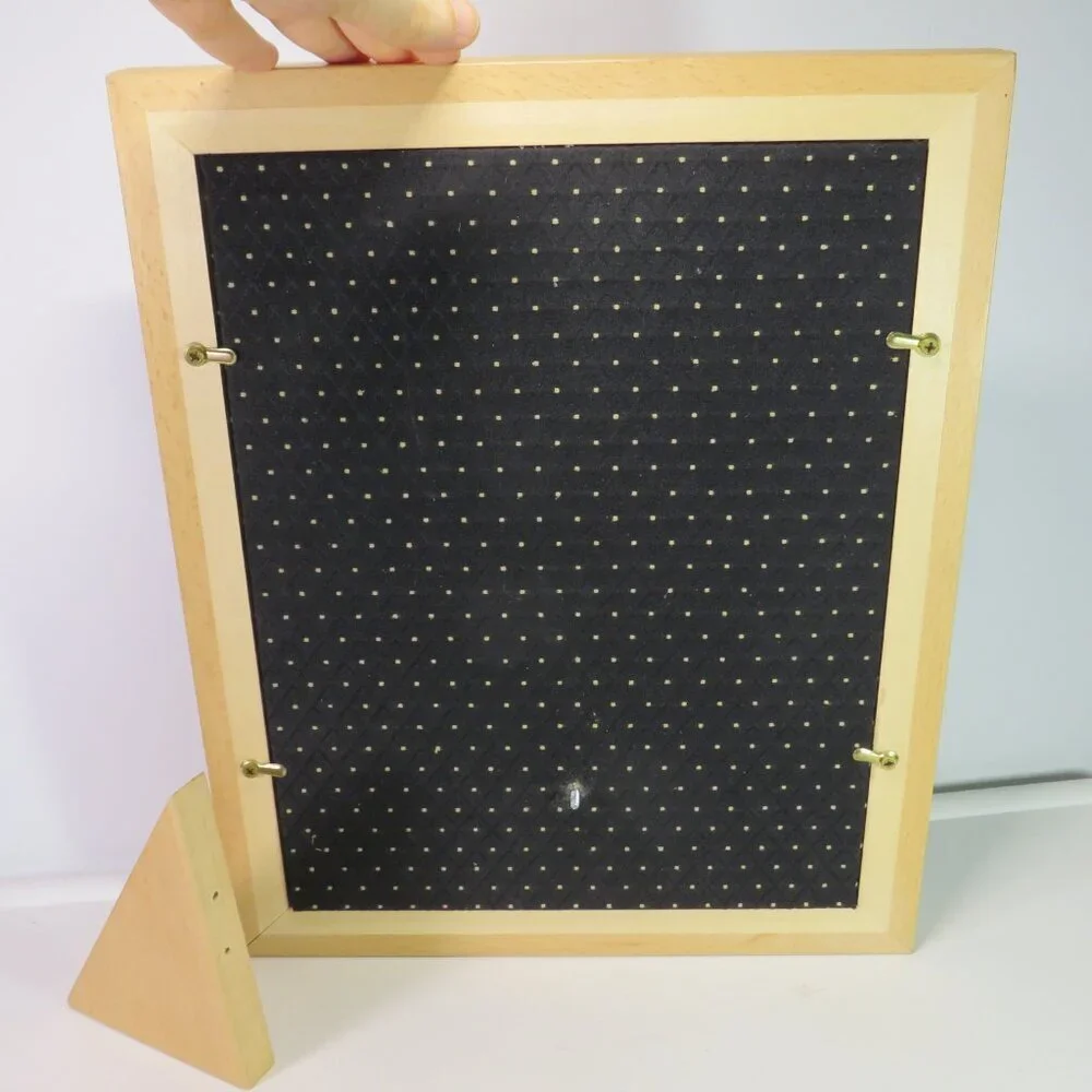 Solid Oak picture frame with glass & black brocade dotted fabric (pic removable)